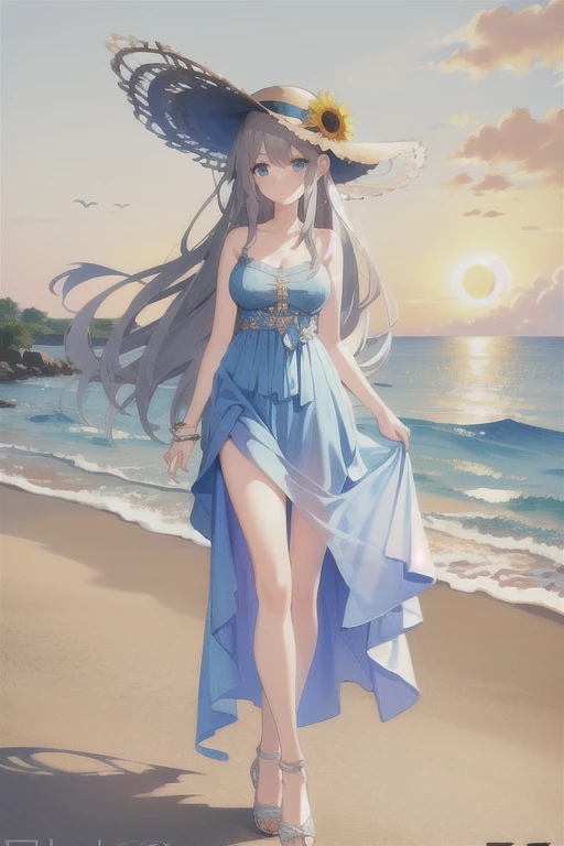 ((masterpiece)),(((best quality))),((ultra-detailed)),((illustration)),((disheveled hair)),((frills)),(masterpiece),((best quality)),(ultra-detailed),((an extremely delicate and beautiful)), (((incredibly absurdres))), (((prefect body))), 1girl, solo, gray hair, blue eyes,{{{motherly}}}, medium breasts, very long hair, smile, blue dress, ocean+background, sunflower, straw hat, dynamic angle,female focus,{light particles},detailed background, (((by  Paul Hedley))),Soft Lighting, sunset,full body,