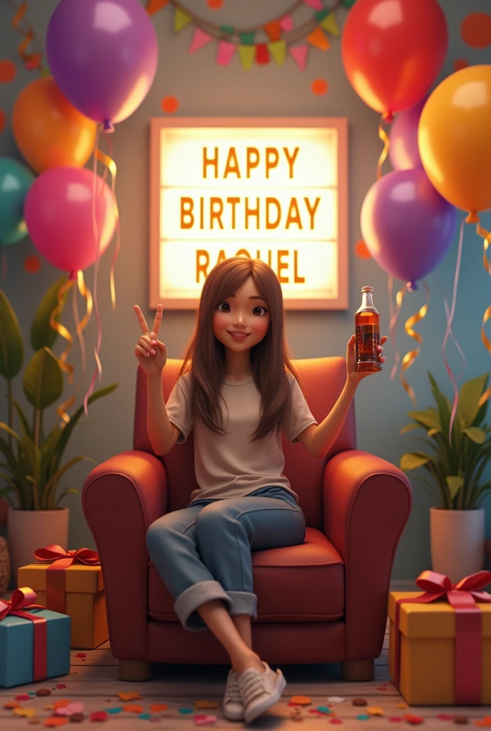 Realistic image of a birthday party. There are balloons of various colors floating and taped to the walls, as well as streamers and confetti scattered on the floor. A lighted sign with the letters "HAPPY BIRTHDAY RAQUEL" hangs on the wall. In the center of the room is an armchair with an adult Asiatic woman with long straight light brown hair, a broad forehead and a round face with a ball nose, holding a bottle in one hand and making a peace sign with the other. The woman is dressed casually and is surrounded by gift boxes.