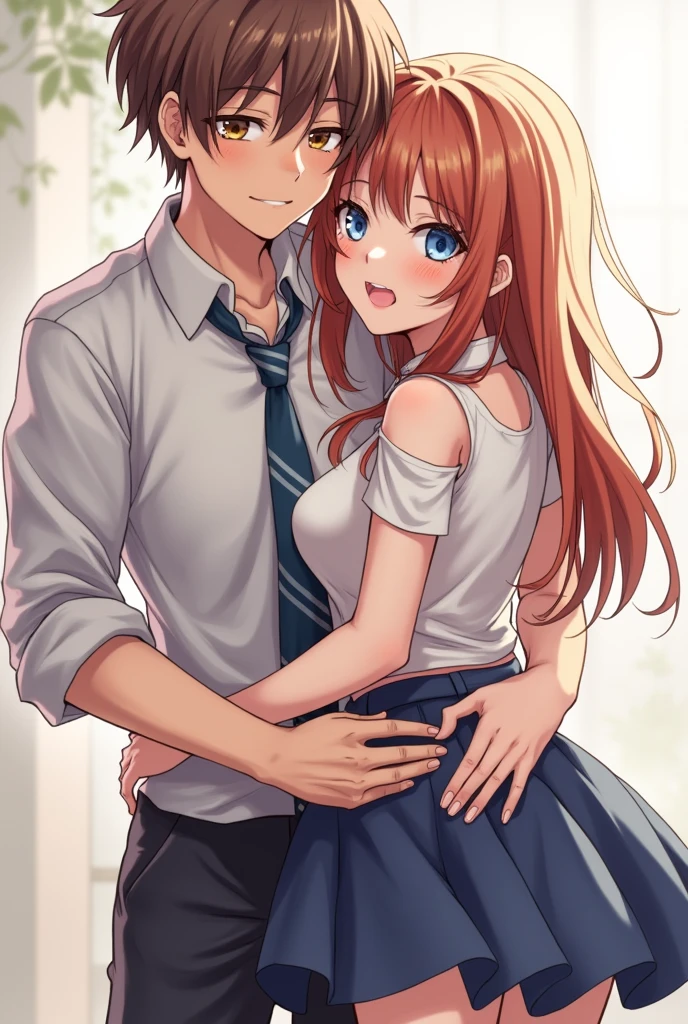 Beautiful anime girl,Sticking out her long wet tongue,Wrap around a boy's waist