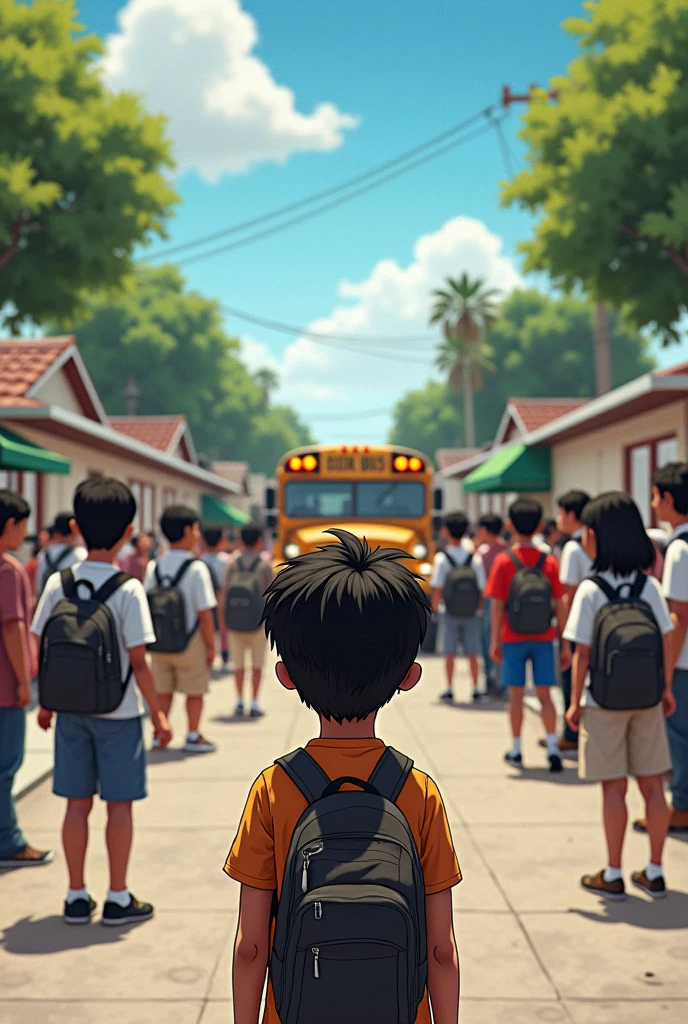 A Latino boy looking from afar at the bus stop with people going to school