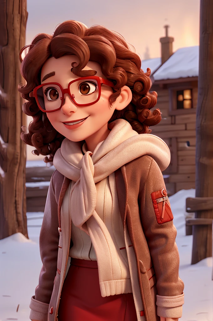 Caucasian female, ssmile, red lipgloss stick, aged 50, Red glasses, brown curly hair and hooded winter jacket on head. In the cold with snowflakes falling