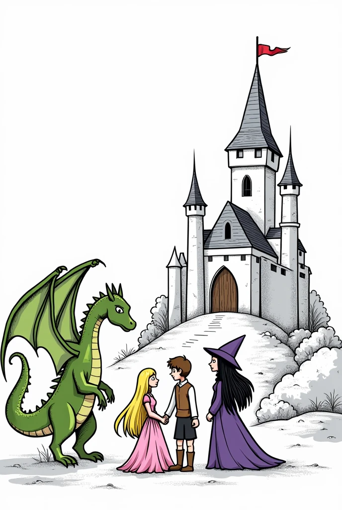 A castle, a princess in a pink dress and blonde hair, a prince with prince clothes and brown hair, a witch in a purple dress and black hair and a green dragon. Black and white image style, cartoonized minimalist, hand drawing line,  for coloring 