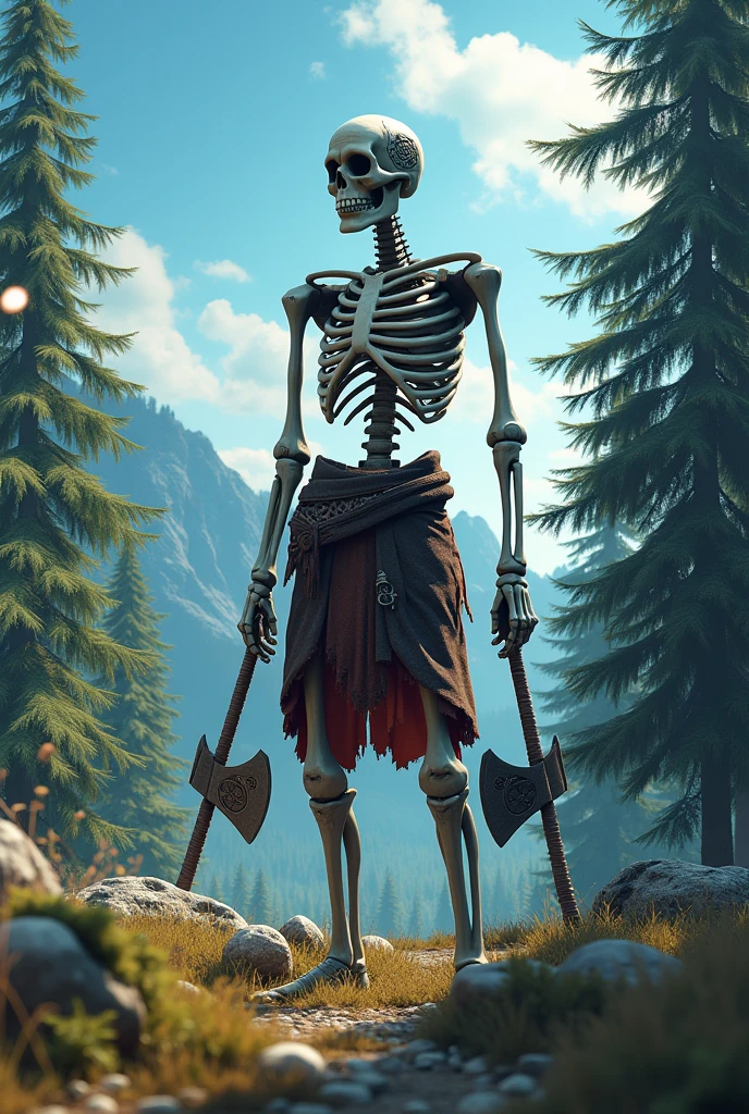 the best quality, very high resolution, detailed 4K CG, work of art, humanoid skeleton, neve, tall trees, blue sky, Norse mythology, Rune Tattoo, beautiful aesthetic, Beautiful picture, centered on screen, traveler clothes, two axes