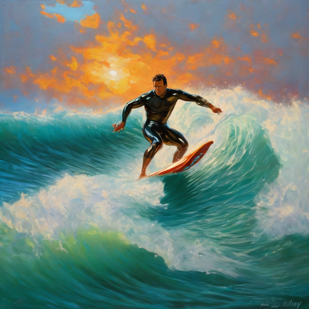 painting of a man surfing a wave in the ocean, an airbrush painting by Clint Cearley, dribbling, figurative art, You Was Wrong, Rob Rey and Kentaro in the style of Miura, Daniel Lezama Painting style, oil on canvas, makoto oil painting, oil on canvas painting, oil oncanvas, oil on canvas sharp