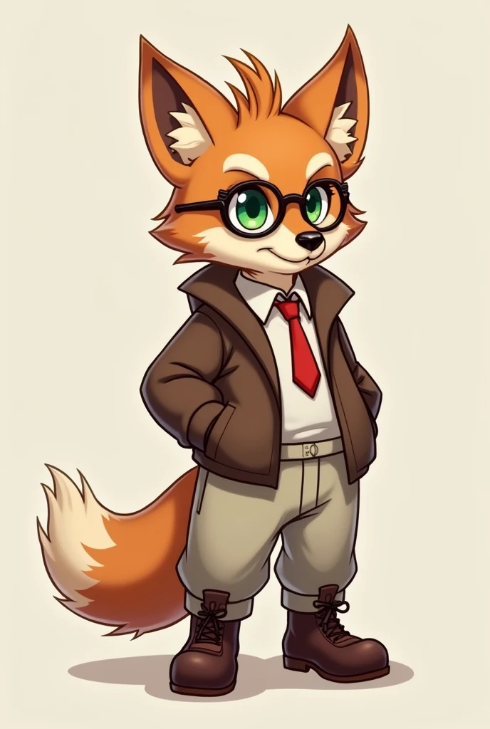 Short brown wolf. skin colored muzzle. Spiky hair. Brown jacket. White shirt with red tie. Pale baggy pants. Brown boots with shoe laces. Has round glasses. Green eyes.Devious but approachable look. High quality.