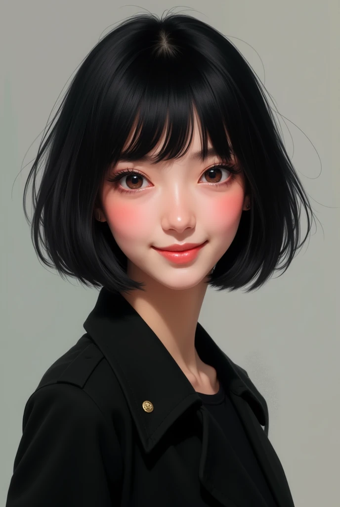 Woman with short straight black hair, light skin color, happy eyes, black coat