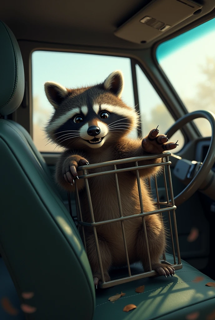 Raccoon being kidnapped in a car