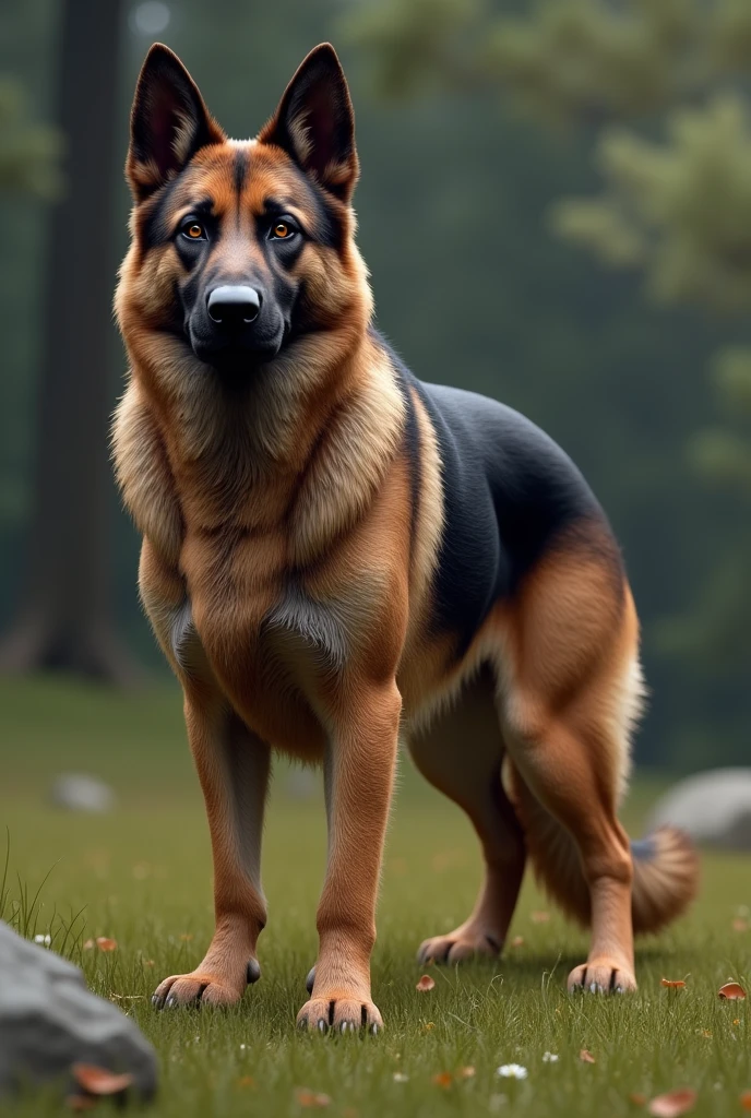 male furry dog German Shepherd with fat red knotted penis, full body, on all fours on a deserted beach