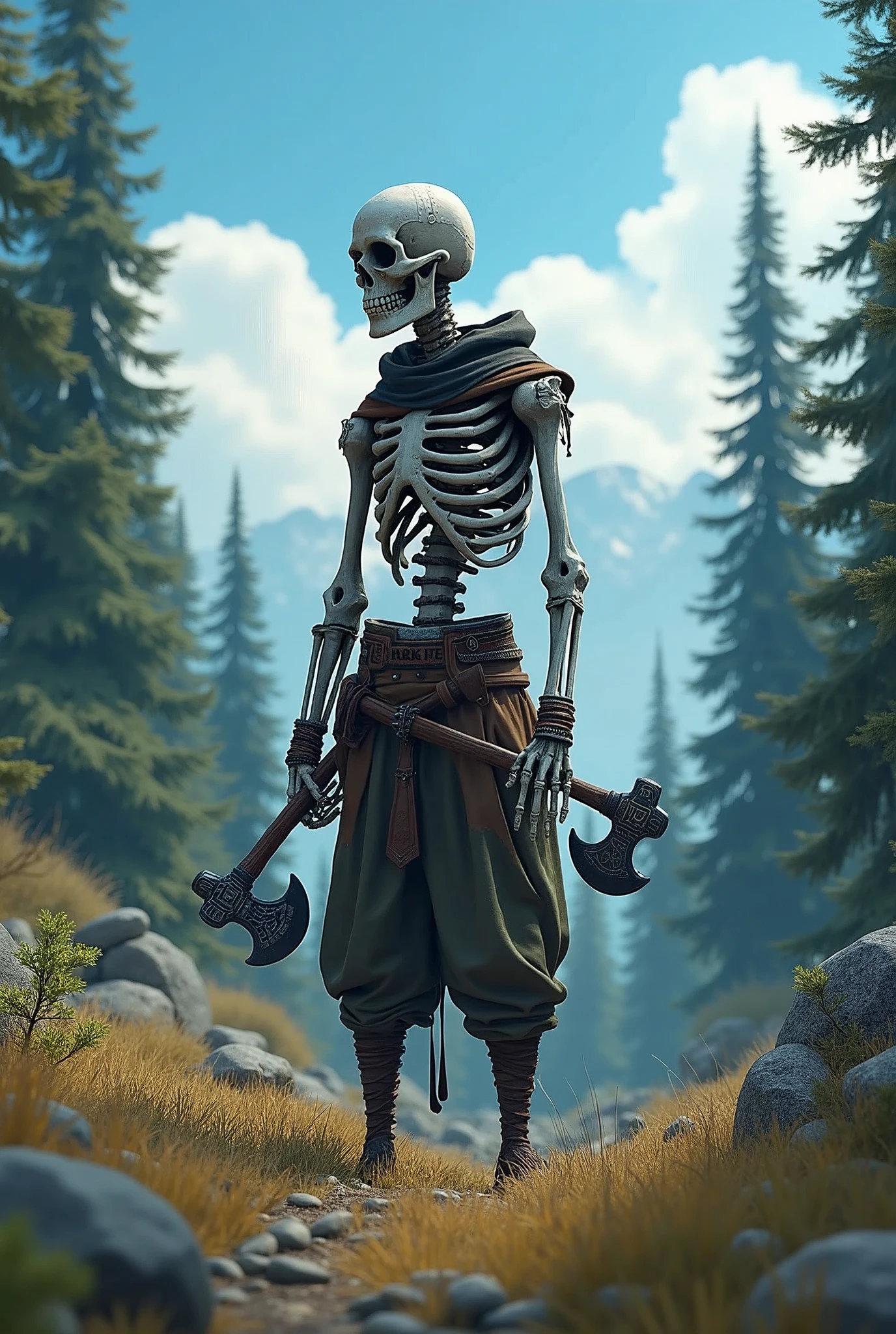 the best quality, very high resolution, detailed 4K CG, work of art, humanoid skeleton, neve, tall trees, blue sky, Norse mythology, Rune Tattoo, beautiful aesthetic, Beautiful picture, centered on screen, traveler clothes, two axes