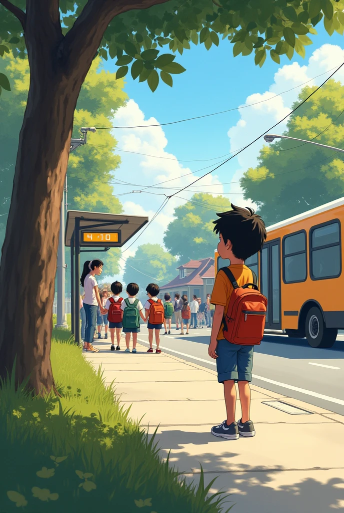 A boy looking from a distance at the bus stop with people going to school