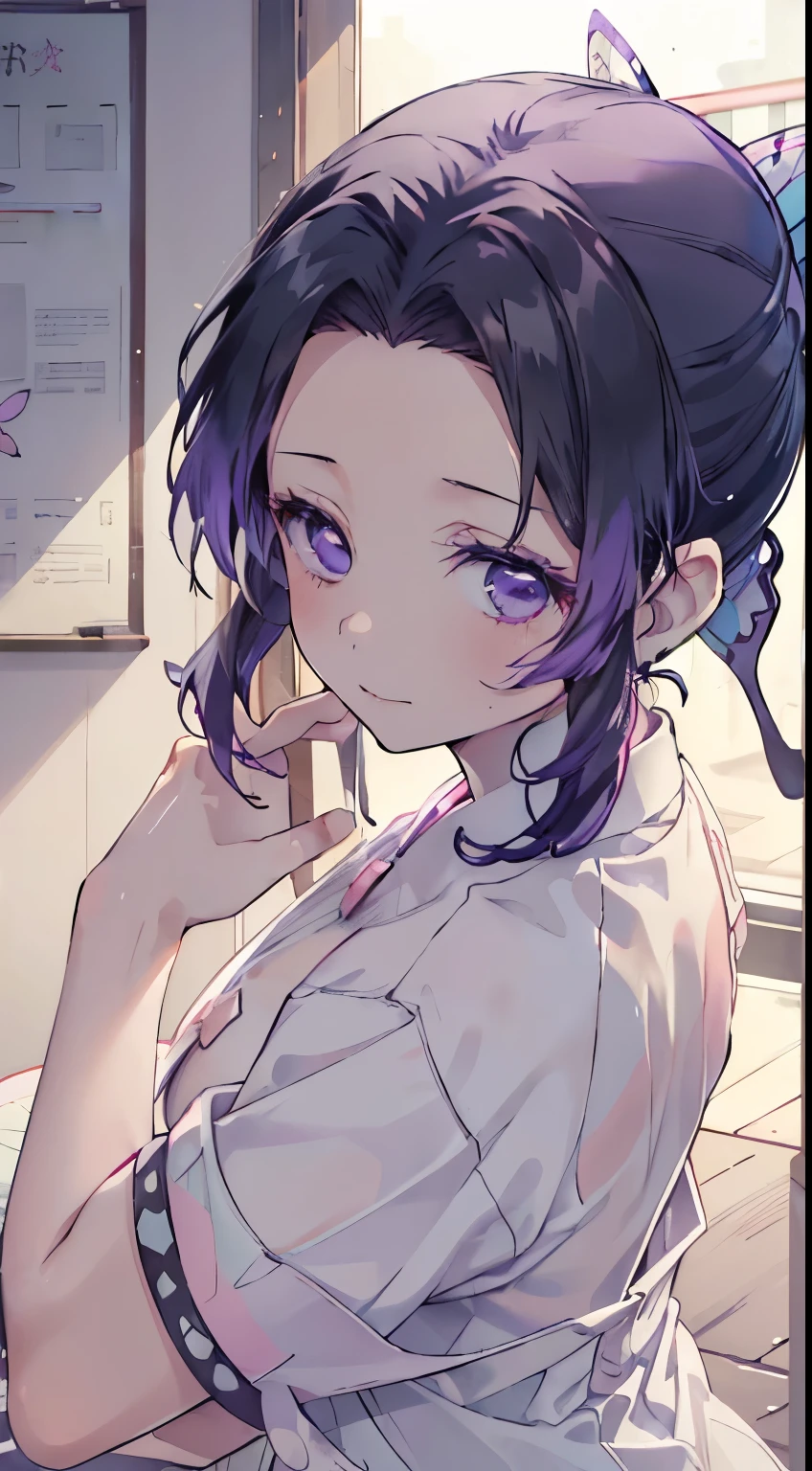 nsfw, demon slayer,_kochou shinobu,(((((nurse uniform))))), ((((White nurse uniform)))), One-piece, (((((nurse))))), Bedside, Purple underwear, whole body, shy, hospital, Ultra-realistic 8K CG,masterpiece,, ((Highly detailed background,Delicate pattern,Intricate details, Fine and beautiful eyes)),The best quality in the best condition,とてもとてもとても詳細なface, Highly detailed eyesとface,Highly detailed eyes,kochou shinobu,Multicolored Hair,No bangs,Hair Intake,, Purple eyes,,butterfly,band,(熱band庭園:1.2),Purple Flower,mostly cloudy null,Tyndall effect,slope_null,face,beautiful null,,Seductive posture,(Medium chest:1.3), woman,