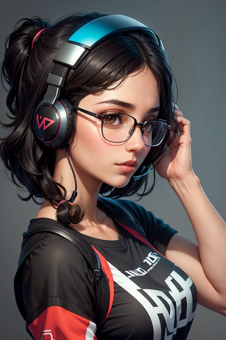 medium black hair, brown eyes, glasses, gamer girl, portrait, cute, face, profile picture, latina features, headset