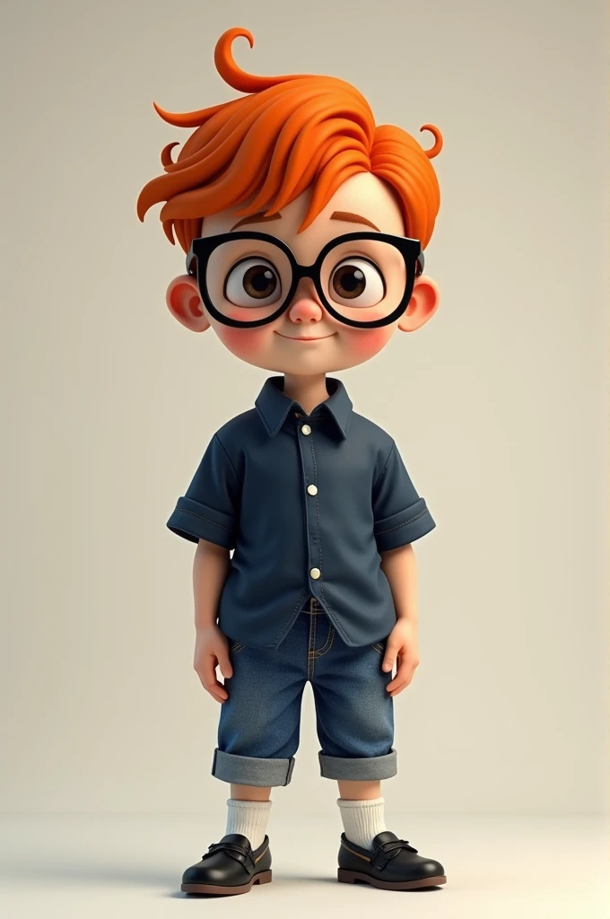 Child boy, hair orange, Black glasses, eyes black, dark blue blouse, jeans, white socks and black shoes and moles on the face