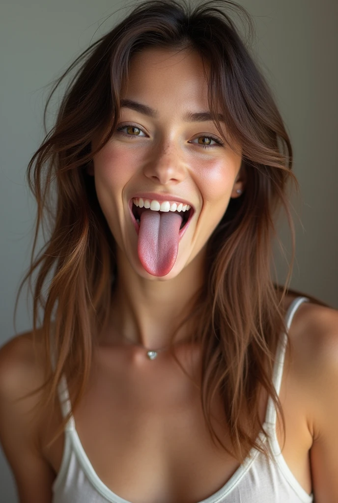 A beautiful girl,Stick out your long tongue,Show us her mouth