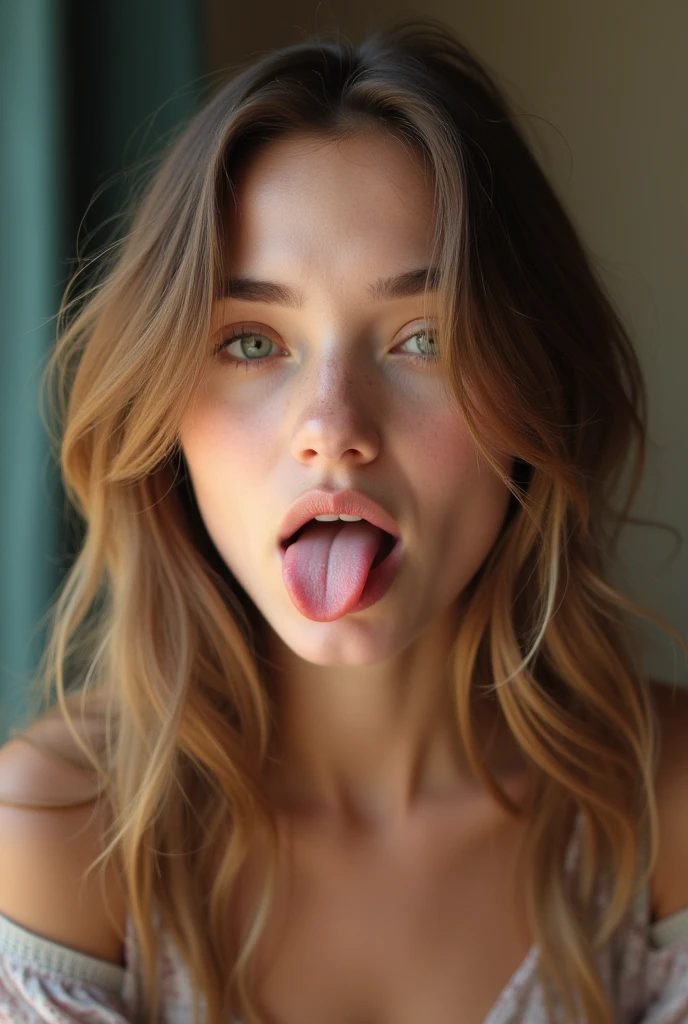 A beautiful girl,Stick out your long tongue,Show us her mouth