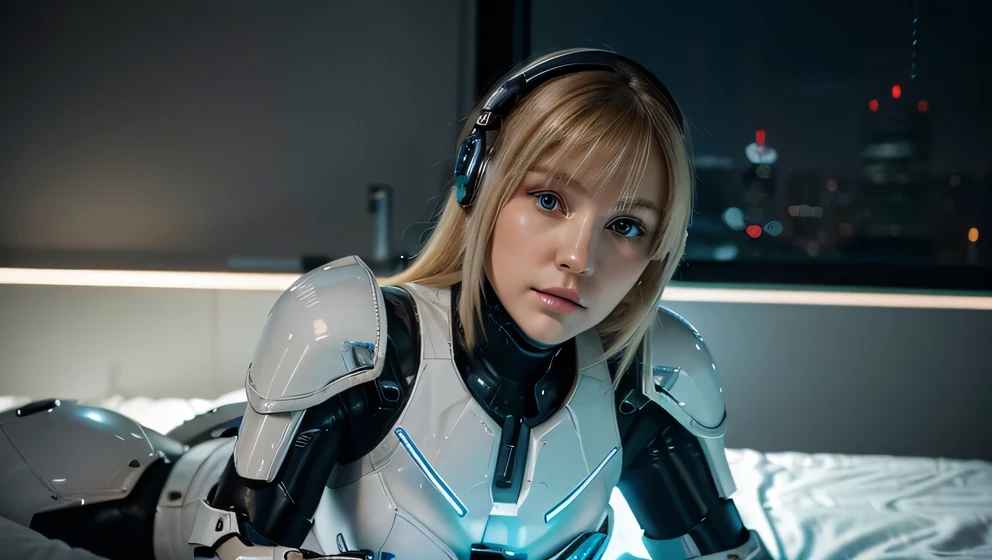 a medium close up photography a blonde young beautiful white woman cyber mech suit with neon accent glow in armor cyber mech, laying in her bed, black cyborg mech armor suit, looking outside big fancy window on her futuristic apartment, a cyber futuristic cityscape as background,