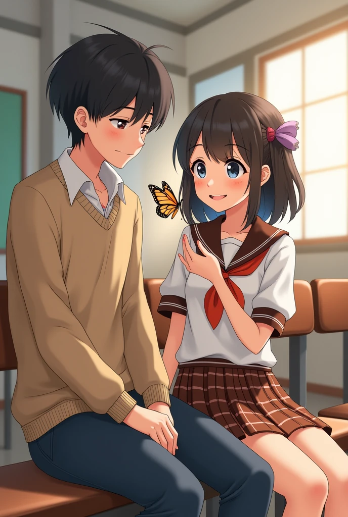 Create me a couple of teenagers, she wearing a kindergarten uniform with a pleated skirt in brown with brown checks with thin white and red lines and he wearing a light brown sweater and dark blue pants sitting in a school with a butterfly in her hand