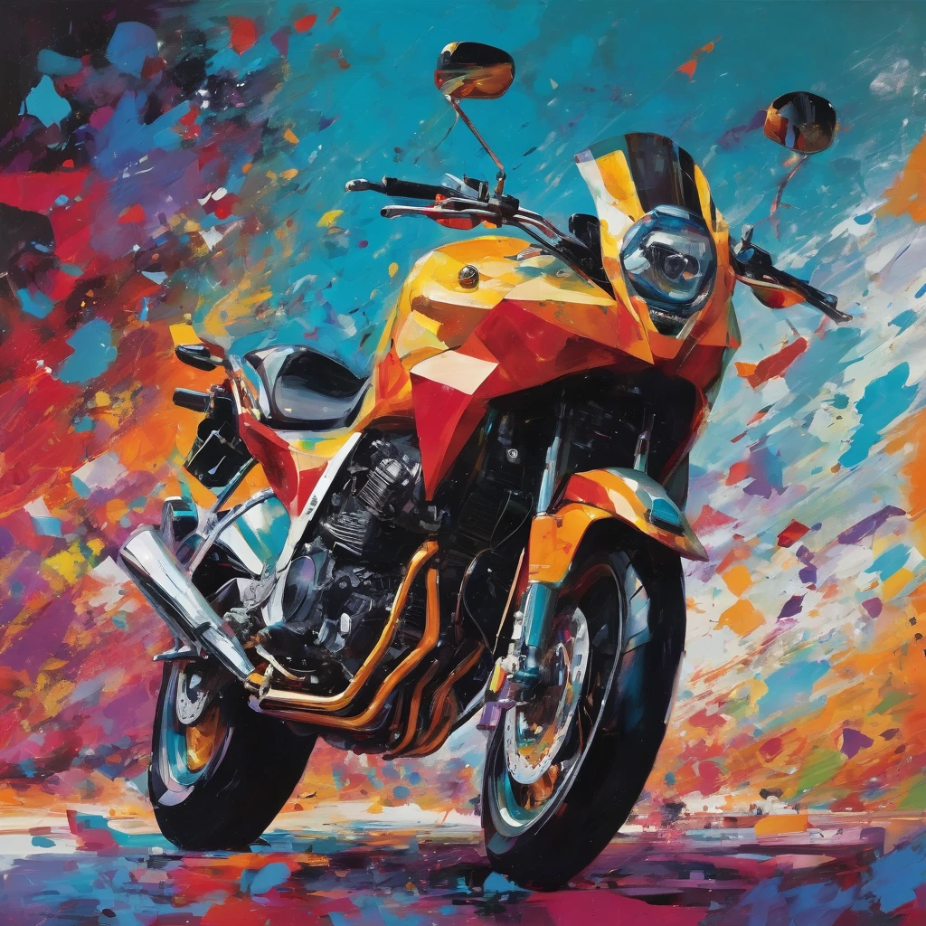 "Visualize an interpretation of a motorcycle. Break down the shape of the motorcycle into geometric shapes and fragmented planes, To capture its movement and energy in a unique and abstract way. Incorporate bold colors and sharp angles, to convey a feeling of movement and tension. Play with perspective and layering, to create a multidimensional composition, which questions traditional notions of space and form. Be inspired by the avant-garde spirit of surreal realism and see nature in a fresh and innovative light.. Unleash your creativity, as you bring this imaginative scene to life on the screen