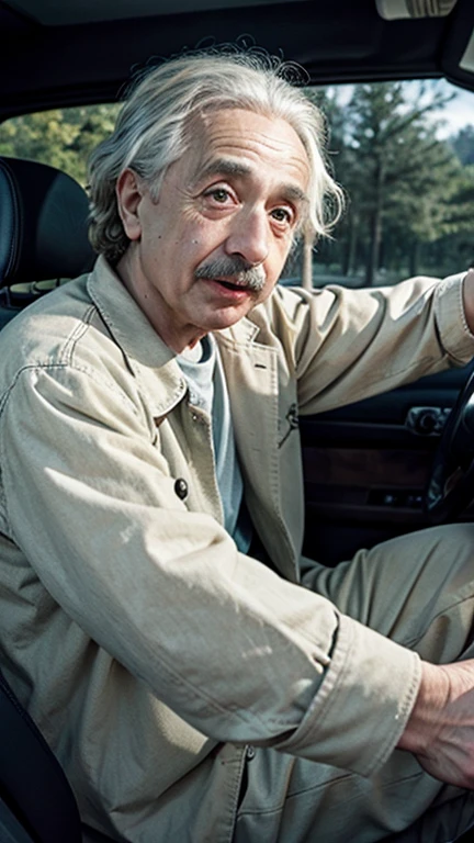 Albert Einstein sticking his tongue out while driving a Willys Jeep 