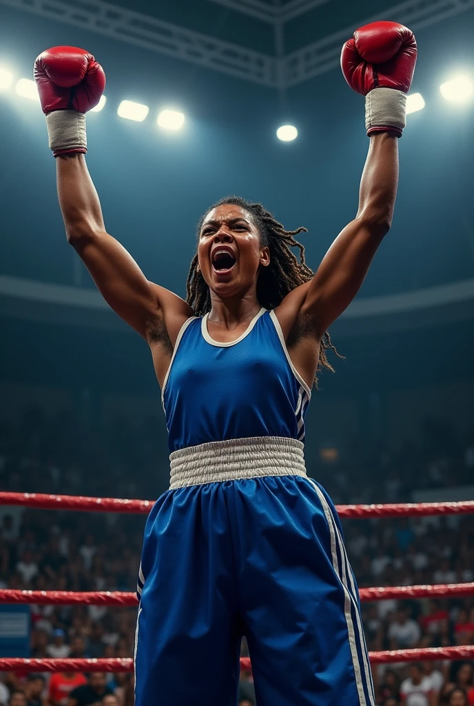 Afro-Antillean boxer, dressed in blue shouting her triumph to the sky, up on the boxing ring.