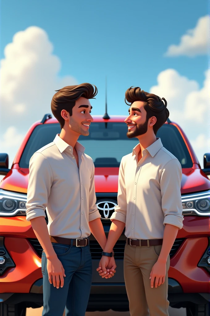 Two young men, one white and the other light brown, holding hands with Boss shirts and a 2024 Hilux behind them, disney version