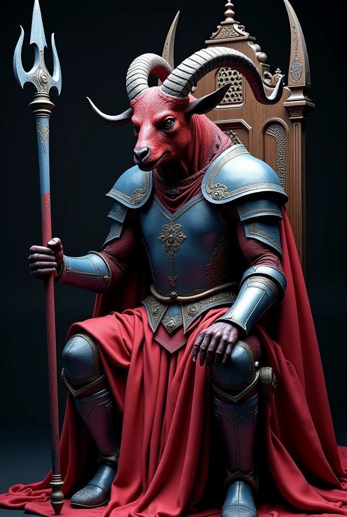 primal giant scary evil red and blue goat demon in armor sitting on a throne holding medieval weapon in a black background looking at you close up from the side