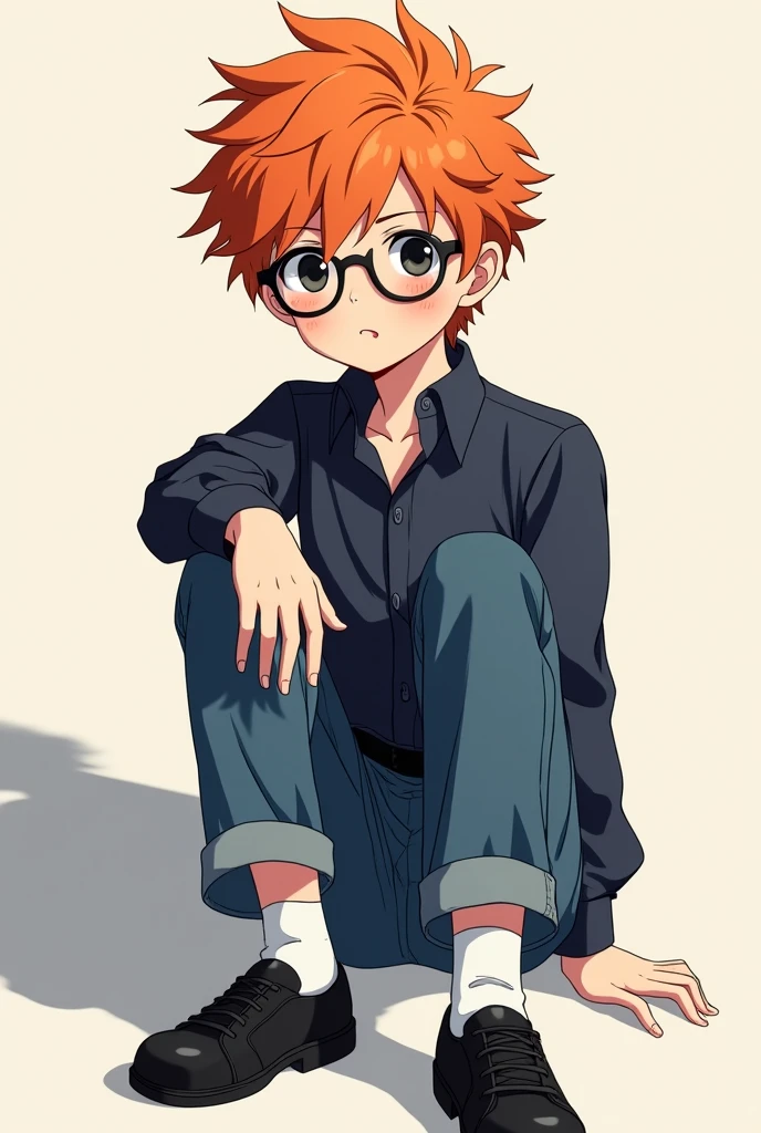 Anime Style Boy, hair orange, Black glasses, eyes black, dark blue blouse, jeans, white socks and black shoes and moles on the face 