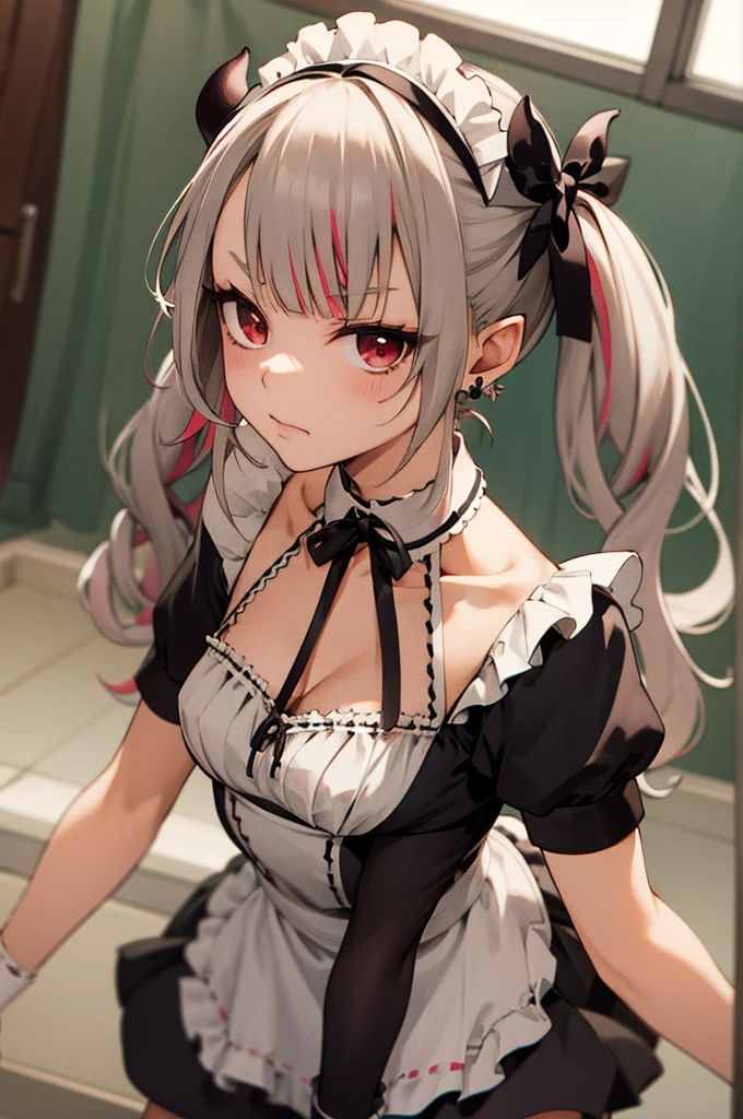 hmnab, multicolored hair, hair bow, twintails, (((maid costume))), bare shoulders, earrings, puffy sleeves,indoor,angry