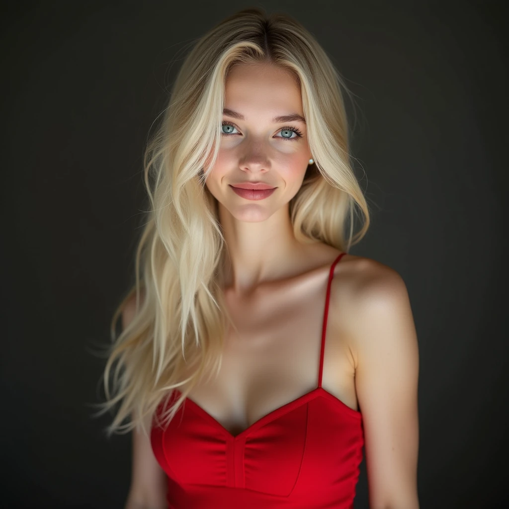 1 female, intense light blonde hairintense light blonde, straight hair, blue eyes, delicate face, pale skin, young, Smile, red dress, natural medium breasts, (very slim skinny cute nubile bodyshape:1.3) (low neck), (nude, naked), Highest quality, Shapely breasts, masterpiece, High resolution, Realistic, Full body image, Surreal beauty, charming beauty, 8k, Cowboy Shot,