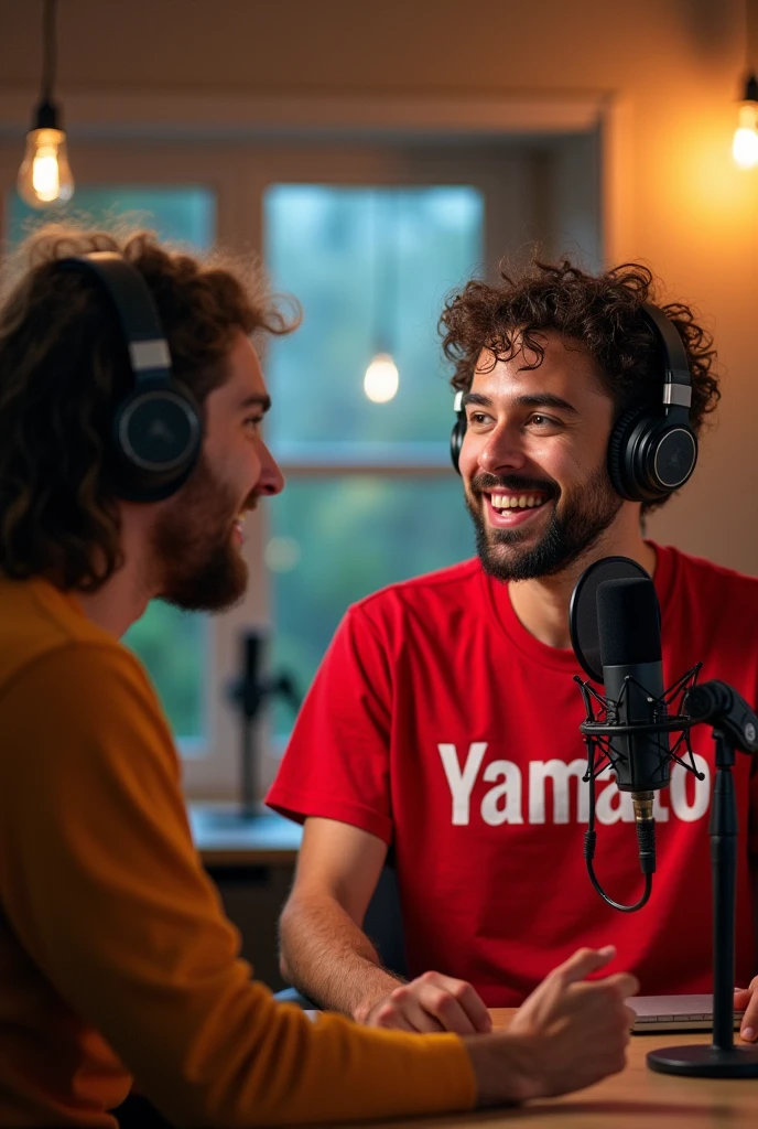 Two friends on a podcast wearing a red t-shirt that says "Yamato" 