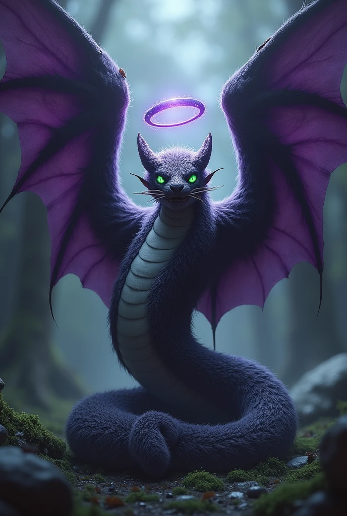 Seraph Fallen Angel Furry Snake With Dark Purple Wings, Black halo purple light, green eyes 