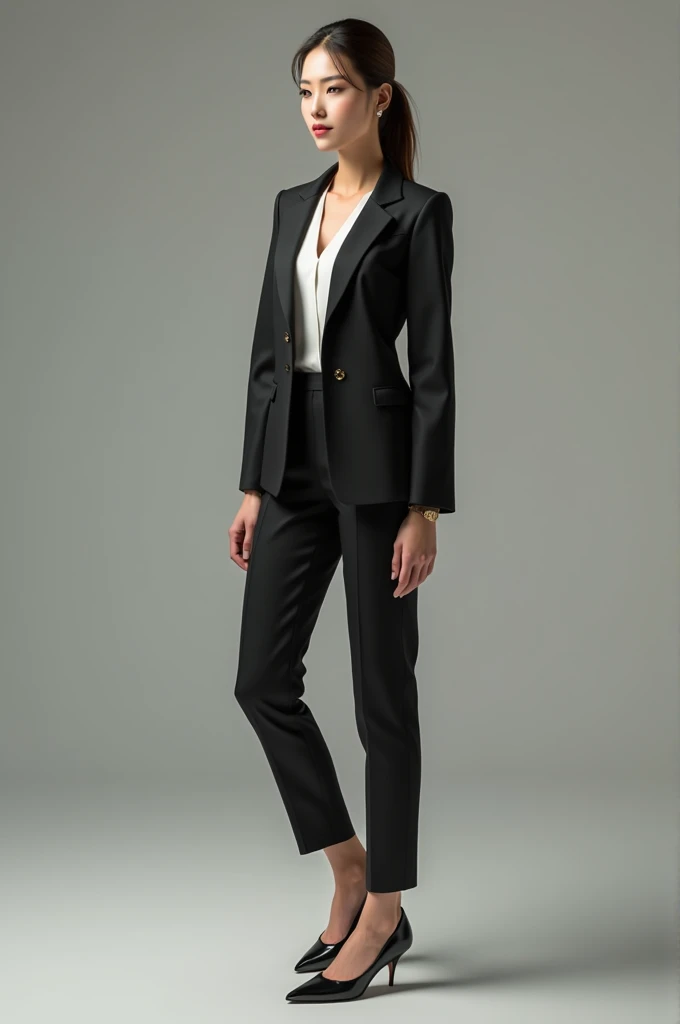 A chic woman in a blazer, dress pants and tied hair