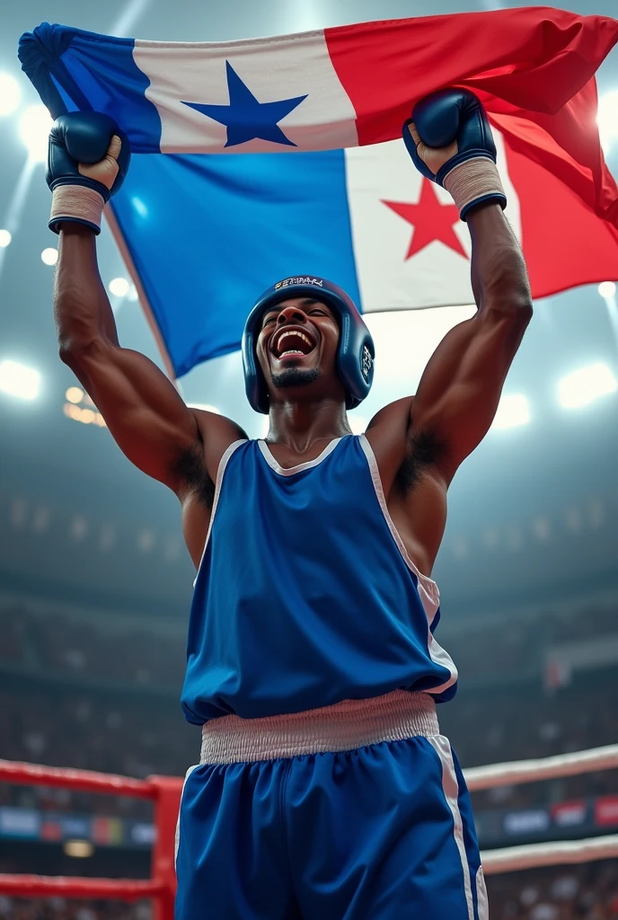 Afro-Antillean boxer, dressed in blue, using head protection, shouting to the sky his triumph, with the flag of Panama in his hands, up on the boxing ring.