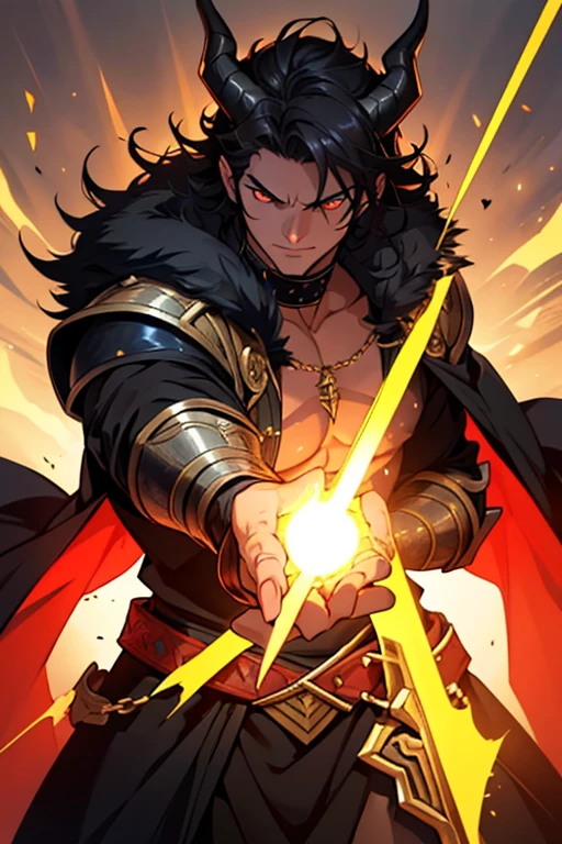 Generate an image of Zorath is a male witch man, solo front focus (from chest to head) covered by a black tunic with dark RED fur, almost brown, which contrasts with his black hair and golden eyes without pupils. Its backward-curved horns give it an imposing appearance.. Wears light, flexible armor, adorned with runes and arcane symbols, and always carries a rapier with him (rapier). His build is muscular, fruit of years of training and combat. portrait. dynamic lighting, 4k, front focus.