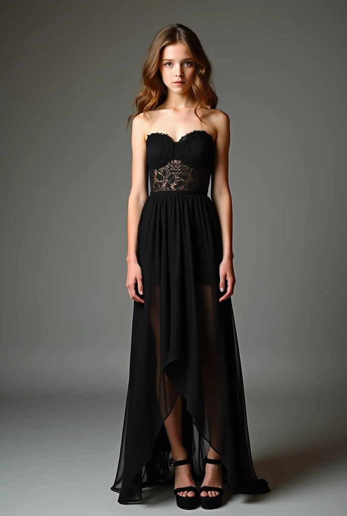 Cute teen, 18 year Old girl, emma Watson, Long black lace tight strapless dress, long legs, sexy black platform high heels sandals, full body shot.