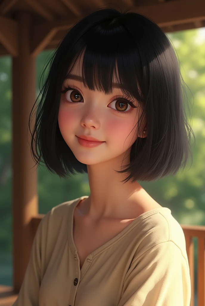 Realistic woman with short straight black hair, light skin color, happy eyes, shelter