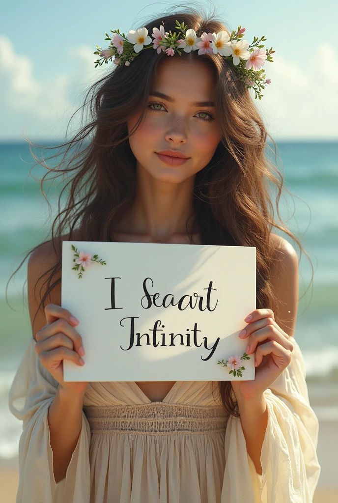 Beautiful girl with wavy long hair, bohemian dress, holding a white board with text "I Love Seaart Infinity" and showing it to the viewer