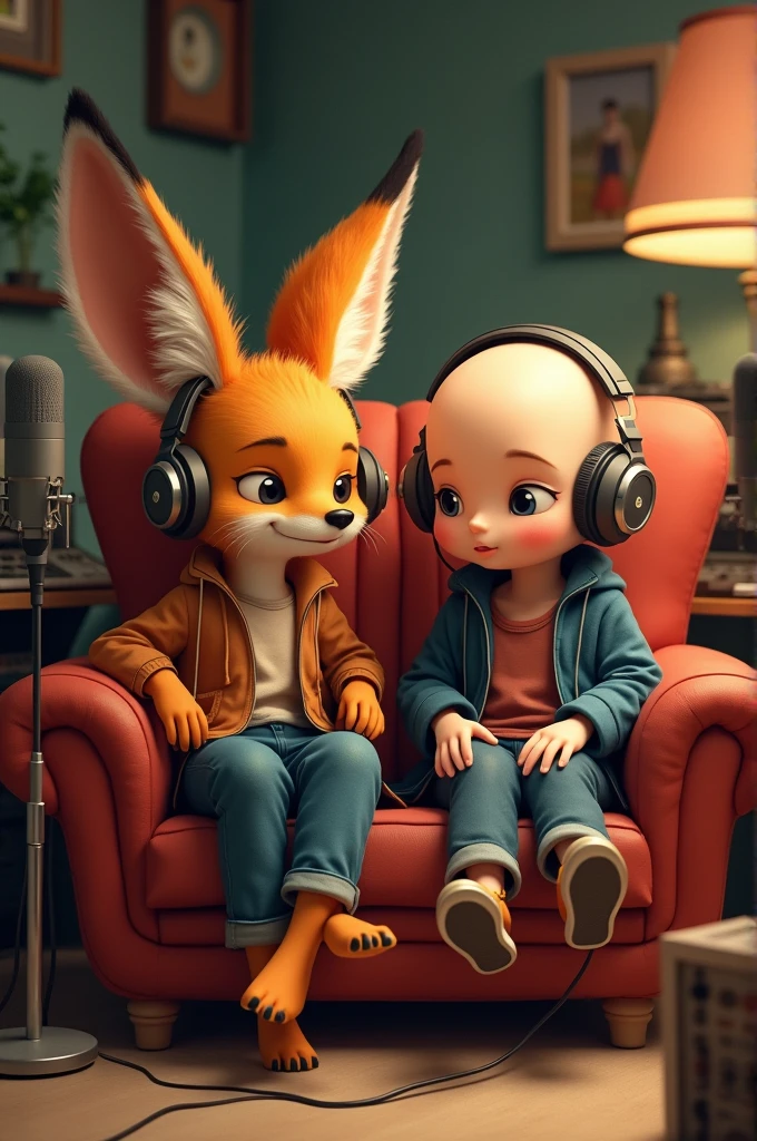 An Andean fox with headphones and a bald person with headphones in podcast format 