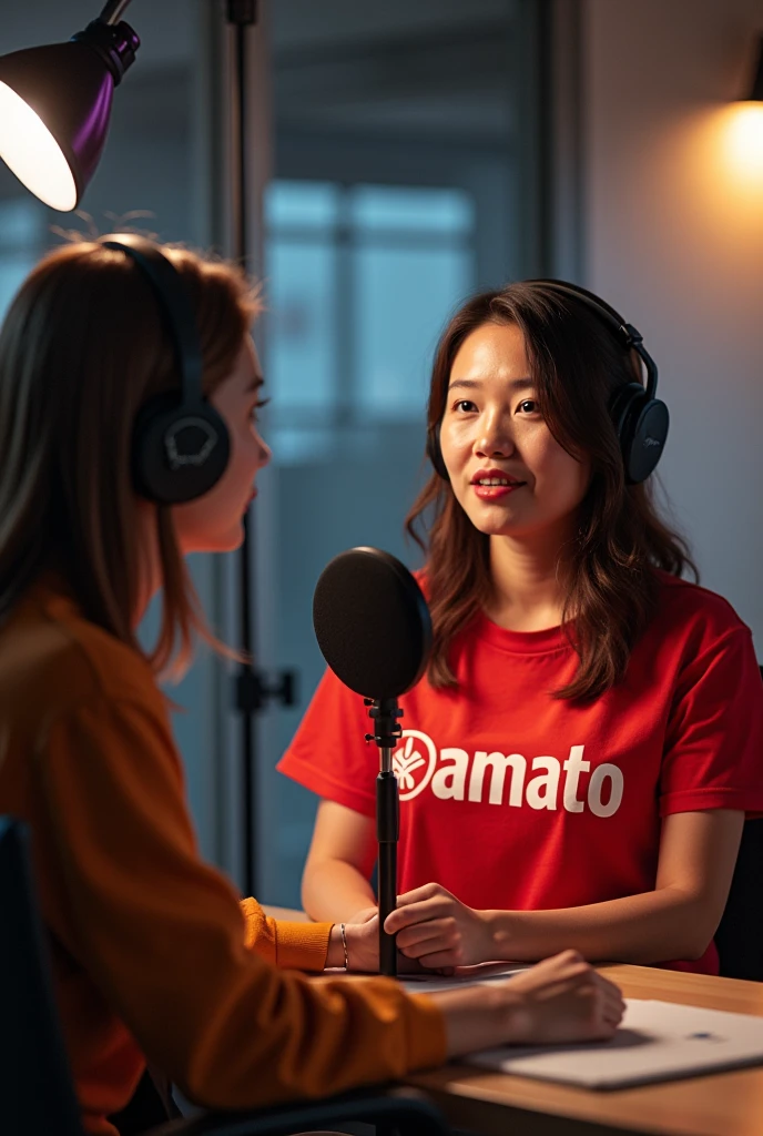 Two women on a podcast wearing a red t-shirt that says "Yamato"