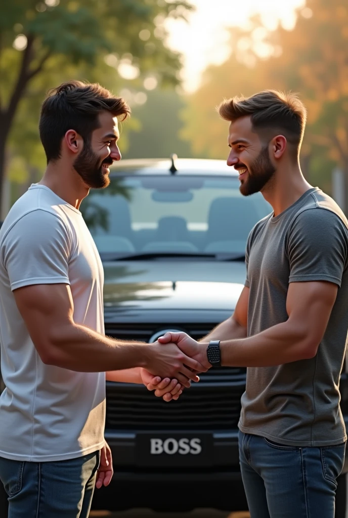 Two young men, one white and the other light brown, shaking hands like gentlemen with Boss t-shirts and behind them a black 2024 Hilux, disney version