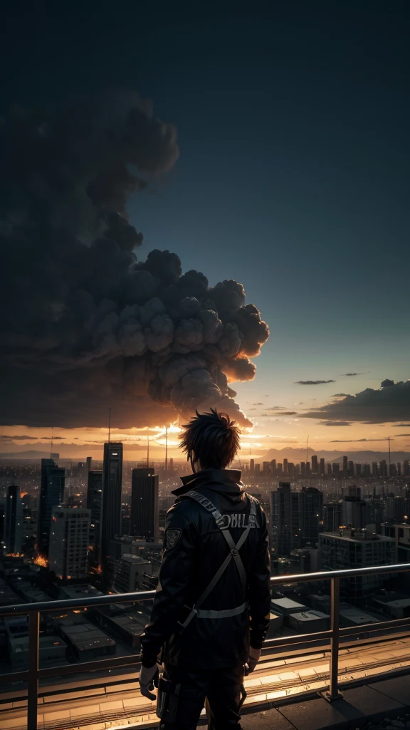 Create a male anime character looking at the city in an apocalyptic situation. rather, leave the environment in a dark theme that attracts attention, place a burning Brazilian flag