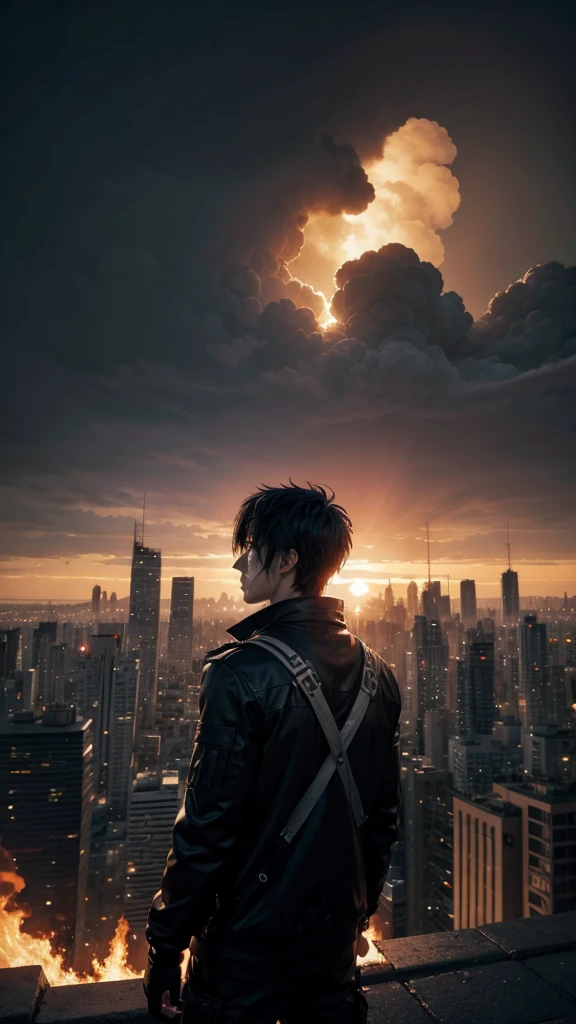 Create a male anime character looking at the city in an apocalyptic situation. rather, leave the environment in a dark theme that attracts attention, place a burning Brazilian flag