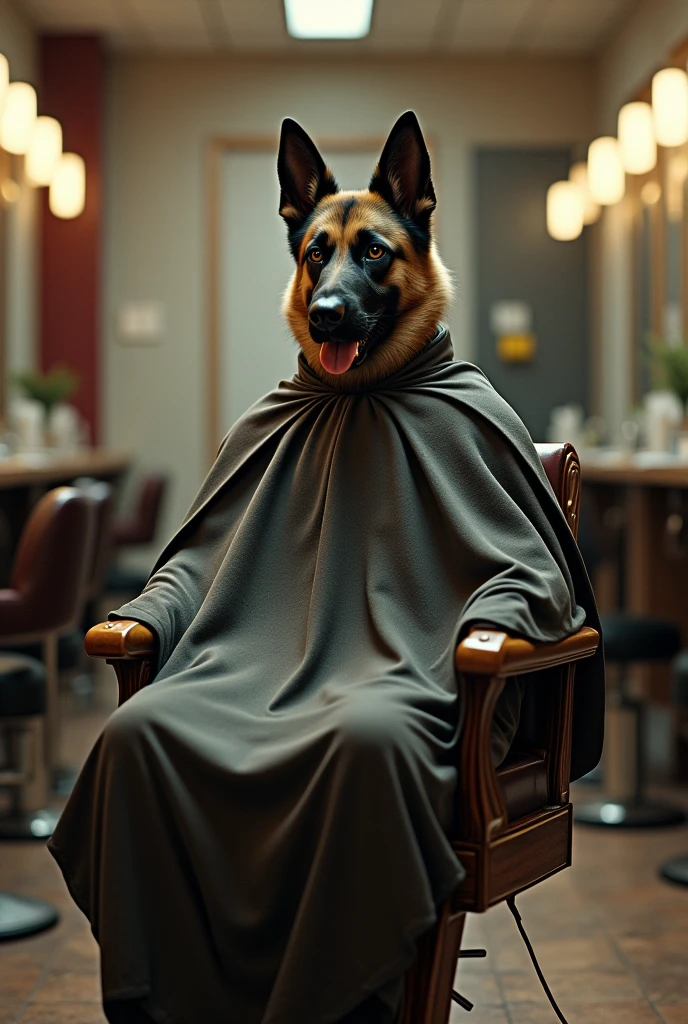 German shepherd dog with human body sitting in a barber chair with cape
