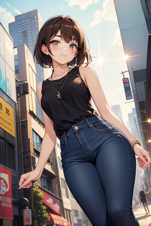 ((masterpiece)), ((best quality)), (ultra-detailed), ((kawaii)), cute, (lovely), anime style, dynamic angle, look up from below, office, night, a cute girl, 1girl, solo, tight sleeveless shirt, beautiful brown hair, beautiful dark brown eyes, ((beautiful eyes)), buttocks, slim, slender, necklace, smile, sparkling effect, glitter effect, lens flare ,skinny jeans, shirt tucked in, walking in the city
