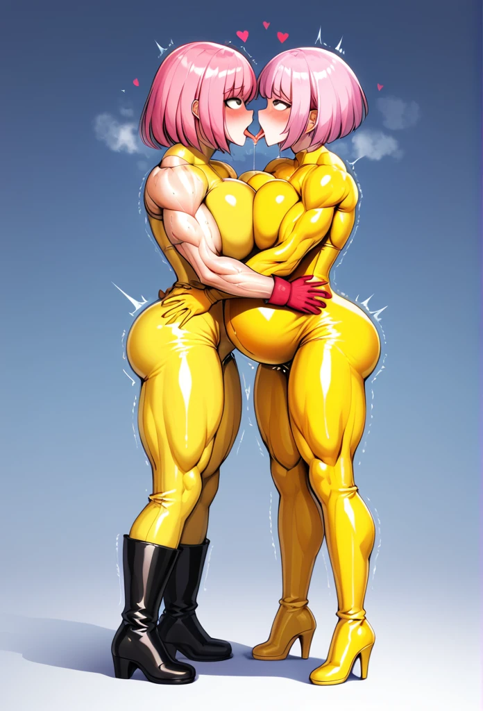 software, (Beautiful yellow latex pants, Yellow latex jumpsuit with top,Black Stripe),Red Gloves,Black long boots(, Beautiful breasts, Laasts), Tall,hugmacho,Very muscular,Hard muscles,Muscular arms,Firm breasts,Tight waist, Curvfigure,Very large pregnant belly ,Ahegao, Hollow Eyes,saliva, Drooling,Very bright smile,Keep your mouth wide open,Sweat, trembling, Large amount of steam,shortness of breath,Highest quality, Pink Hair, Bob Hair,Eyes are hearts,Blushing,Two people kissing,Standing and hugging each other,The tongue is very long