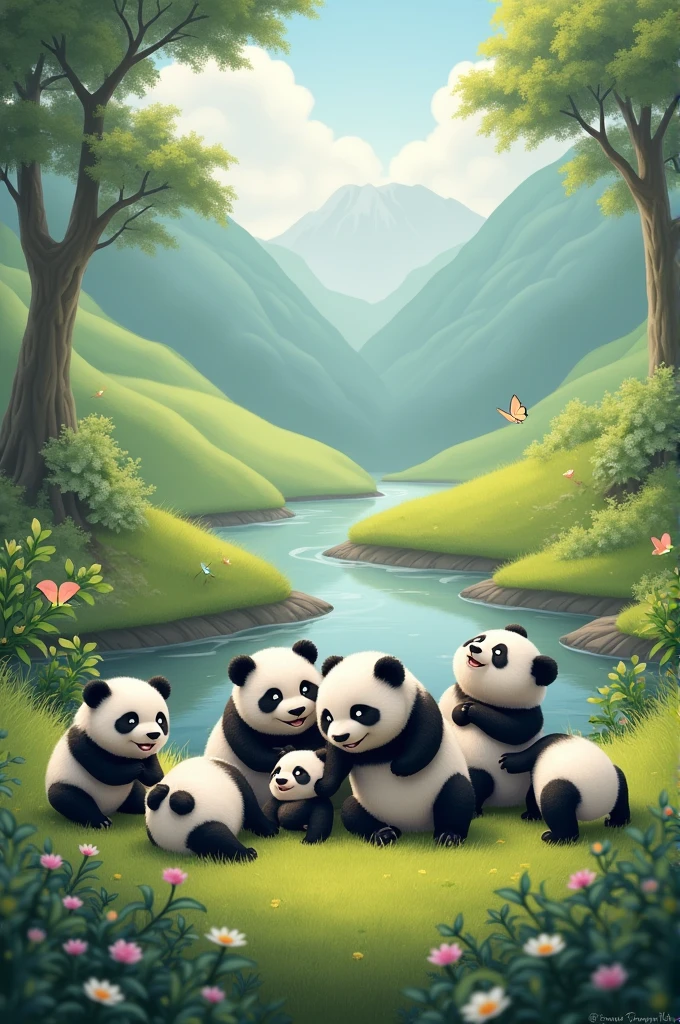 Pandas playing in a valley
