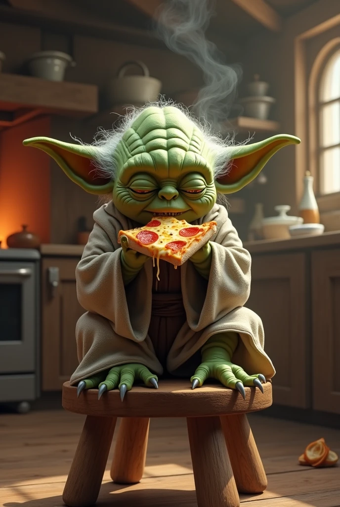Yoda eating pizza