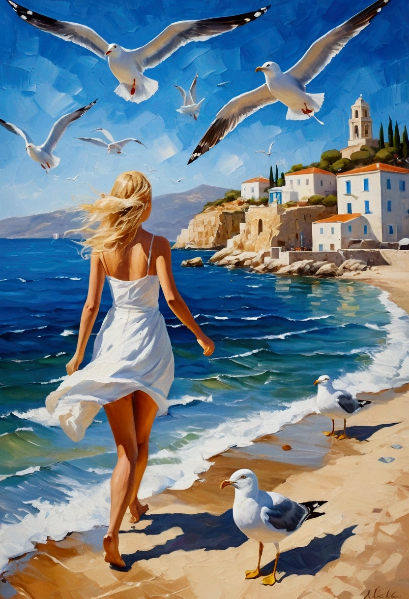 Create an image in the form of an oil painting, with strong strokes with a vivid texture of color, in the style of impressionism, an 18-year-old blonde girl entering the sea! Two seagulls fly beside her, Greece, Aegean, white houses on the beach!