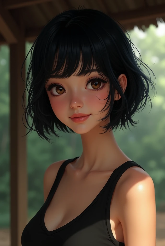 Realistic woman with short black hair, high, skinny, attractive eyes, beautiful smile, shelter