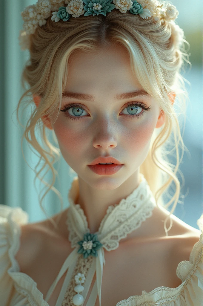 A girl with honey blonde hair, short, too thin build, Pale skin, Blue eyes and Japanese  style, domina